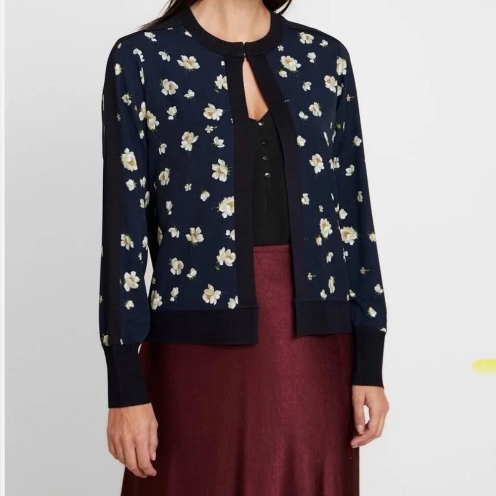 Ted Baker Soffila Cardigan Pearl Floral Print Navy Blue mixed media sweater 6